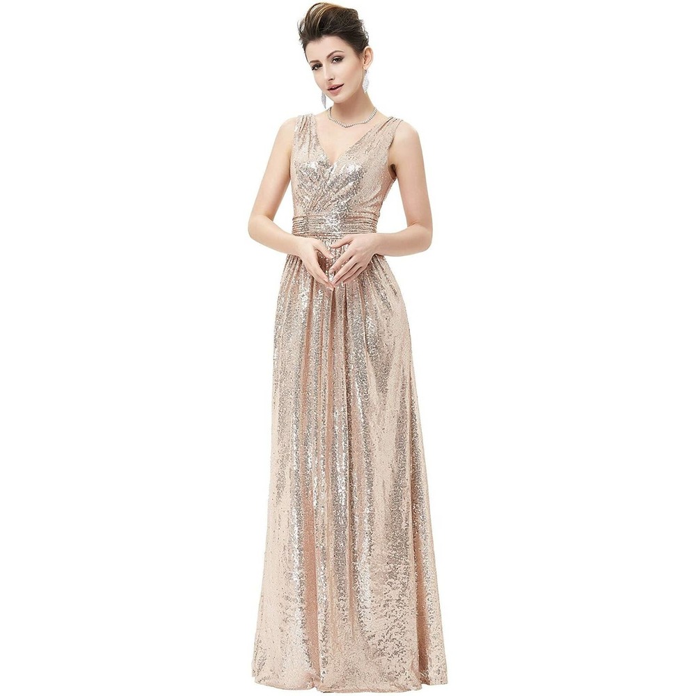NWT Kate Kasin Rose Gold Sequin Bridesmaid Formal Prom Evening Dress